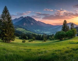 Obraz premium Panoramic mountain meadow at sunrise