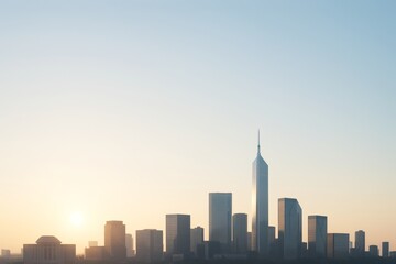 Fototapeta premium Modern city skyline with high-rise buildings at sunrise on soft gradient background, featuring minimal design and copyspace. Ai generative. Ai generative