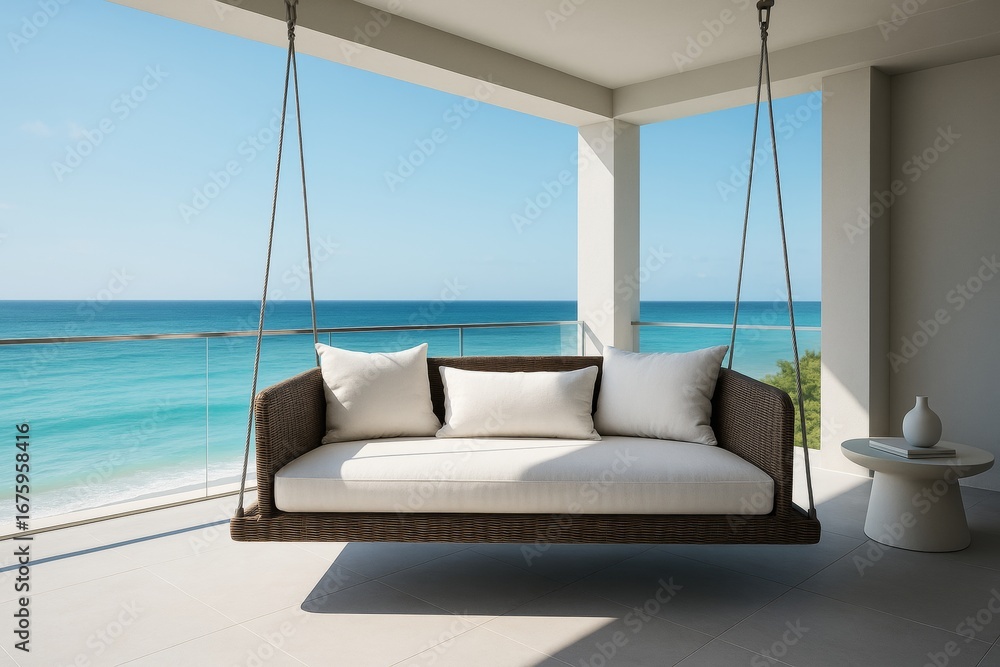 Poster modern balcony with hanging wicker sofa and ocean view in bright minimalistic architecture under nat