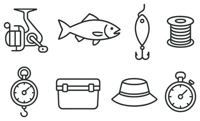 Fototapeta premium Fishing gear linear icon set. featuring reel, fish, lure, line, stopwatch, tackle box, hat