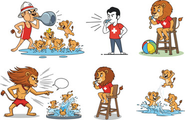 PrintCartoon lion lifeguards training cubs in water safety, blowing whistles, shouting commands, and supervising fun poolside swimming and activities.