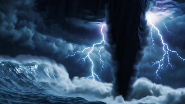 Powerful Tornado Formation Over Dark Ocean Waves Under Lightning and Stormy Clouds