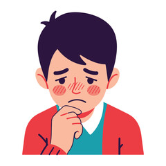 Moment of Contemplation: An illustrated individual, lost in thought, gently touches their chin, depicting a state of introspection and the complex depths of the human psyche.