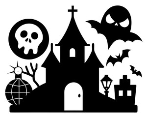 Spooky Halloween Silhouette Haunted House Ghost Bats Skull and Other Creepy Elements black white