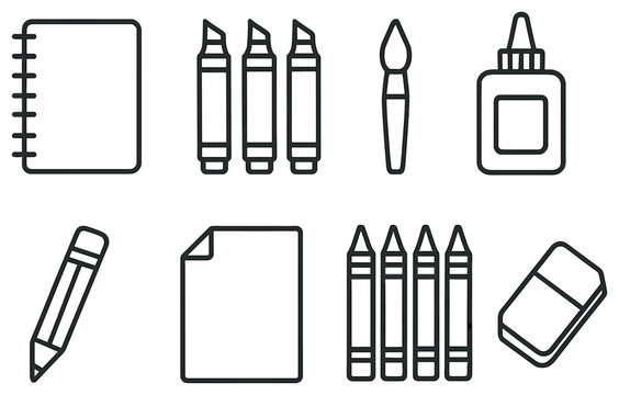 Art supplies linear icon set. featuring notebook, markers, brush, glue, pencil, paper, crayons, and eraser