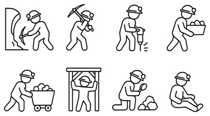 Mining industry linear icon set. featuring shovel, pickaxe, drill, wheelbarrow, tunnel, excavation, and worker icons