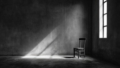 A single chair in a dark room bathed in light