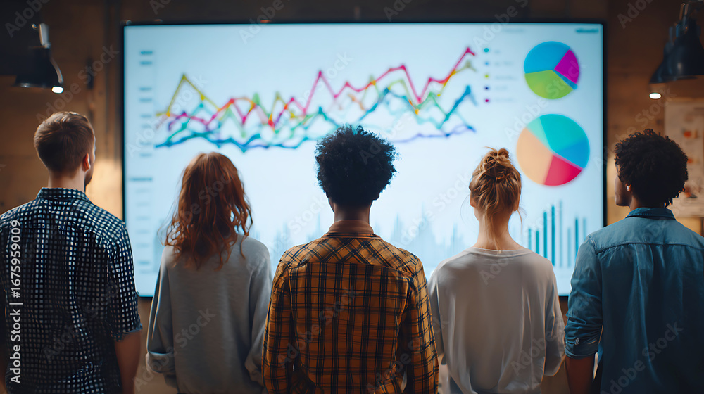 Aufkleber diverse team analyzing complex financial data and charts on a large digital screen