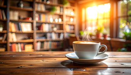 Warm Cup of Steaming Coffee on a Wooden Table in a Cozy Library Bathed in Morning Sunlight