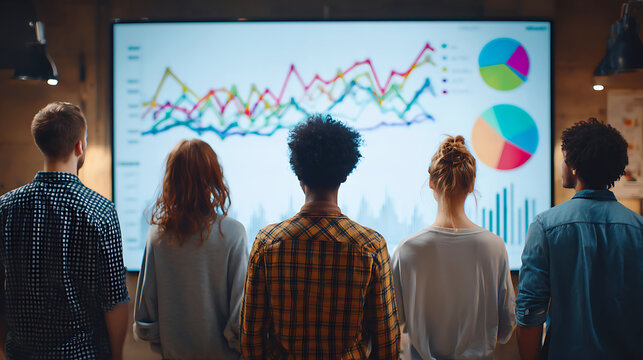 Diverse team analyzing complex financial data and charts on a large digital screen