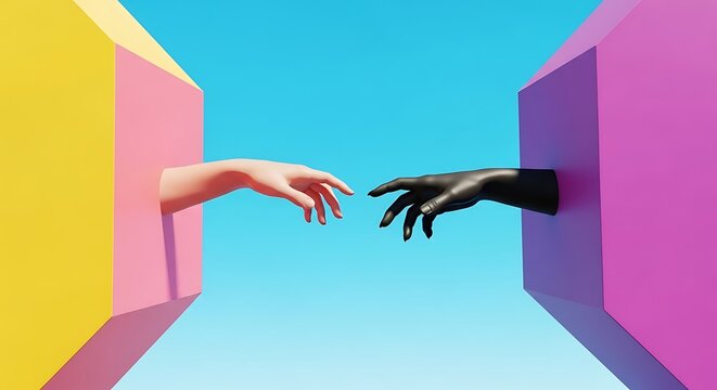 Two hands, one lightskinned and one darkskinned, reaching out to touch across a colorful divide