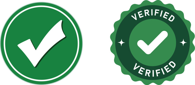 green check mark and verified badge icons for approval, authentication, trust, certification, and quality assurance graphics
