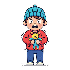 Anxious Boy with a Teddy Bear: A cartoon illustration of a young boy clutching a teddy bear, his expression a mixture of fear and worry, captured in vibrant colors that depict his apprehension