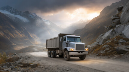 Obraz premium A truck unloads ore, the rugged scene illuminated by gentle light. Truck, mountains, with copy space