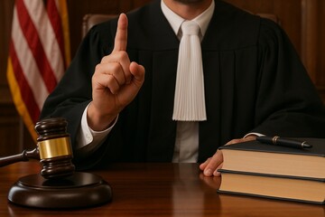 Judge raising finger in courtroom with gavel and books on table  