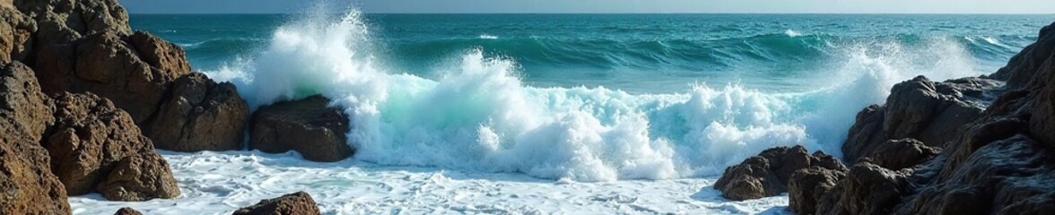 Fototapeta premium Powerful ocean waves crashing against a rocky shore, creating whitewater and sea foam Dramatic coastal scene with turquoise water and textured rocks , ocean waves, coastal scene