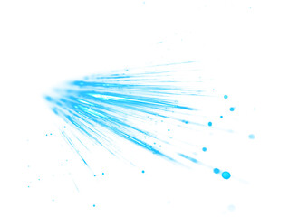 Electric blue abstract fluid splash with dynamic streaks and flying droplets