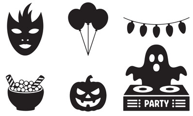 A halloween themed image featuring a mask balloons lights candy pumpkin and ghost dj silhouette art 100
