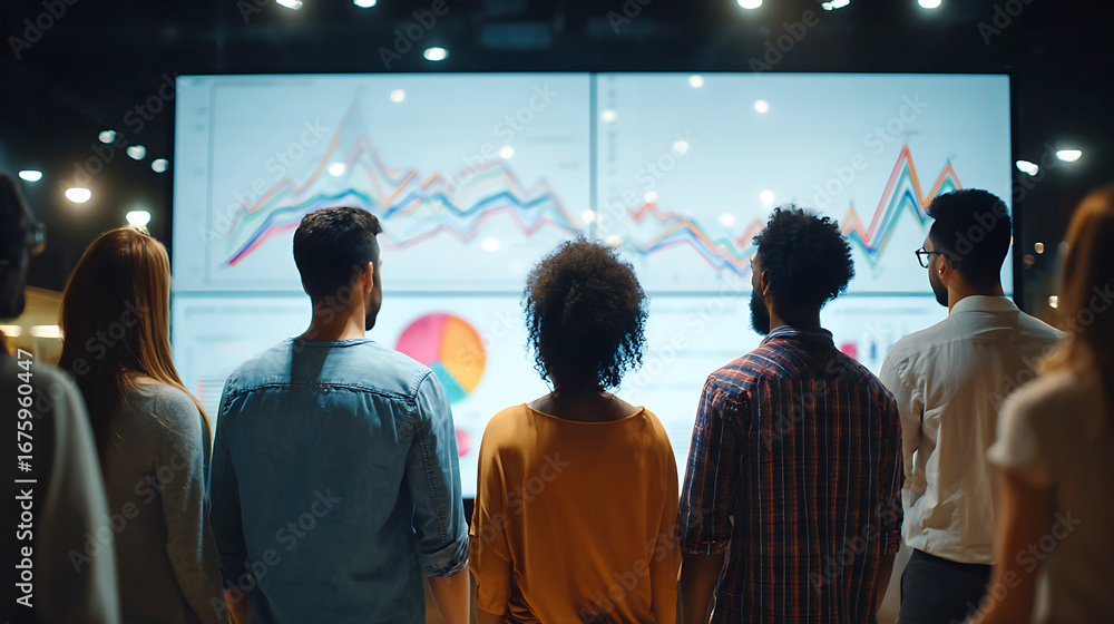 Poster diverse group of people watching a large digital screen displaying financial charts and data