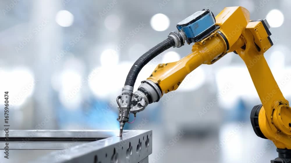 Poster precision engineering: a robotic arm in a manufacturing facility, using advanced technology for weld