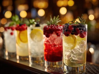 Assortment of highball cocktails with sparkling water and fresh berries on bar counter, elegant bokeh background, professional product shot for menu and advertising.