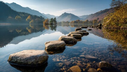 Serene lake scene with stepping stones (2)