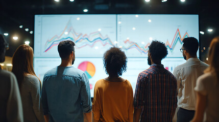 Diverse group of people watching a large digital screen displaying financial charts and data