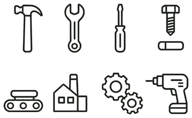 Fototapeta premium Construction tools linear icon set. featuring hammer, wrench, screwdriver, bolt, conveyor, factory, gears, and drill