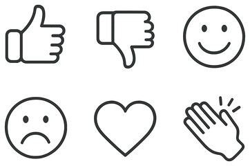 Fototapeta premium Feedback and emotion linear icon set. featuring thumbs up, thumbs down, smiley, frown, heart, clap icons