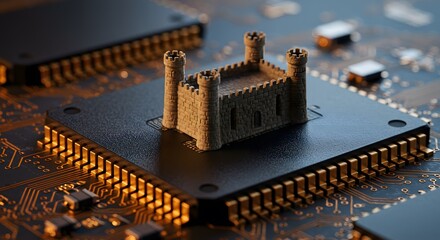 Miniature Stone Castle on Black Microchip in Golden Light, Cybersecurity Concept