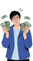 Young man pondering financial decisions holding stacks of cash in both hands