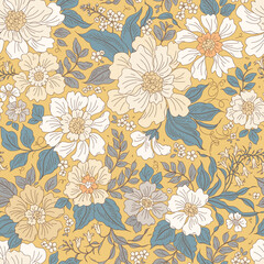 Cute floral pattern in small flowers. Small whit and ivory hand drawn abstract flowers. Yellow gold background. Ditsy print. Floral seamless background. Template with flowers for fashion prints. Stock