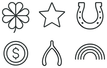 Luck symbols linear icon set. featuring clover, star, horseshoe, coin, wishbone, and rainbow symbols