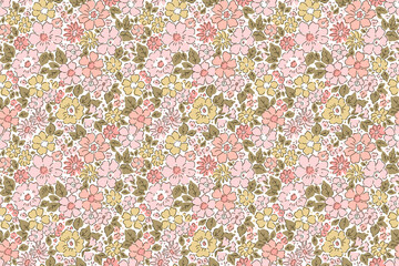 Beautiful floral pattern in small flowers. Small pastel pink, yellow and red flowers. White background. Ditsy print. Floral seamless background. Liberty template for fashion prints. Stock flowers prin
