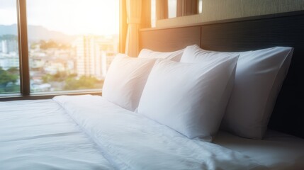Morning ambiance in hotel room with soft textiles, suitable for travel photography, room design, or peaceful stay concepts.