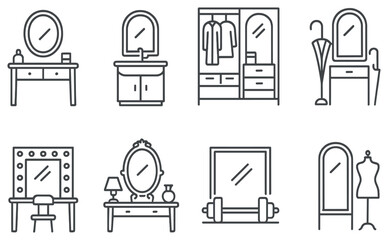 Home interior linear icon set. featuring vanity, sink, wardrobe, umbrella, dressing table, gym, mirror, mannequin