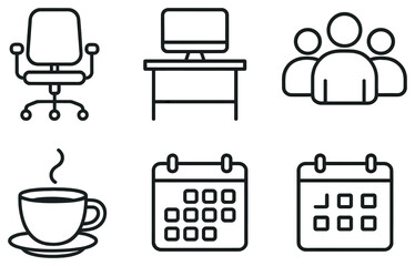 Office essentials linear icon set. featuring chair, desk, team, coffee, calendar symbols