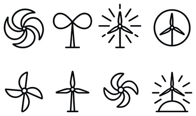 Fototapeta premium Renewable energy linear icon set. featuring wind turbines, windmill, propeller, eco-energy symbols