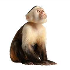 WhiteFaced Capuchin Monkey sitting and looking up isolated on a white background with a clipping path