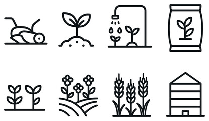 Fototapeta premium Agriculture linear icon set. featuring grasshopper, seedlings, irrigation, fertilizer, plants, flowers, wheat, silo