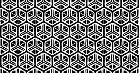 Black and white seamless hexagonal geometric pattern with 3D cube illusion effect, bold and decorative.