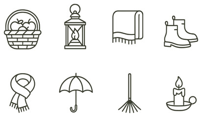 Autumn essentials linear icon set. featuring basket, lantern, blanket, boots, scarf, umbrella, rake, and candle