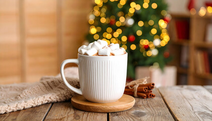 Cozy Hot Chocolate with Marshmallows and Cinnamon on a Rustic Wooden Table Against a Blurred Christmas Tree