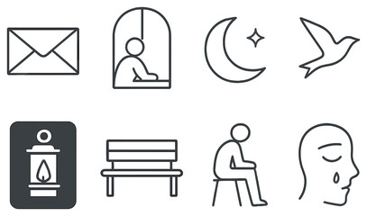 Mental health awareness linear icon set. featuring email, reflection, night, bird, candle, bench, contemplation, sadness