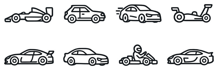 Racing cars linear icon set. featuring f1, hatchback, sports, kart, and dragster cars