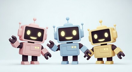 Fototapeta premium Three cute cartoon robots, one pink, one blue, and one yellow, waving cheerfully with glowing screens and friendly faces