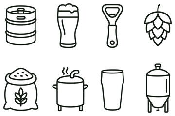 Brewing linear icon set. featuring keg, beer glass, bottle opener, hops, grain sack, brewing pot, pint glass, fermenter