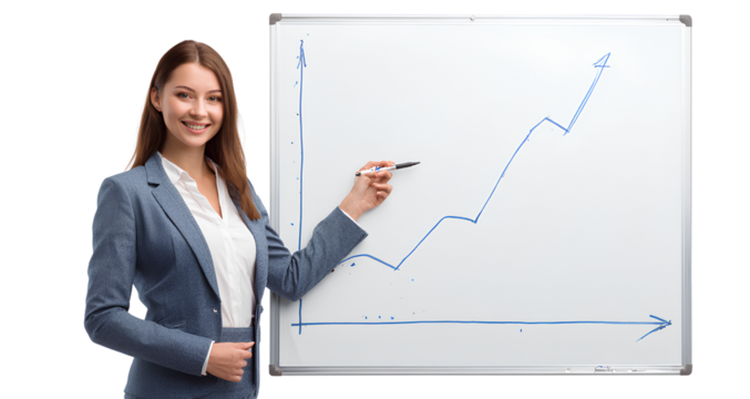businesswoman in a suit showing a graph of sales growth on a whiteboard against an isolated transparent background