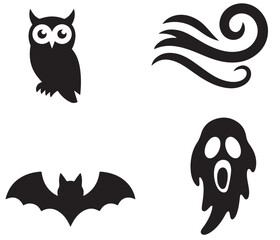 Fototapeta premium A halloween themed image showing an owl, wind, a bat, and a ghost in black silhouettes on white background