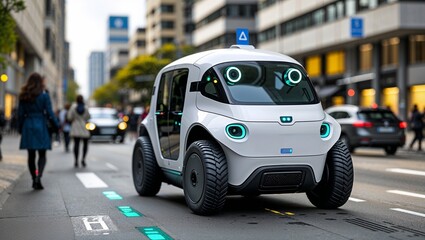 Compact autonomous electric vehicle driving on city street  